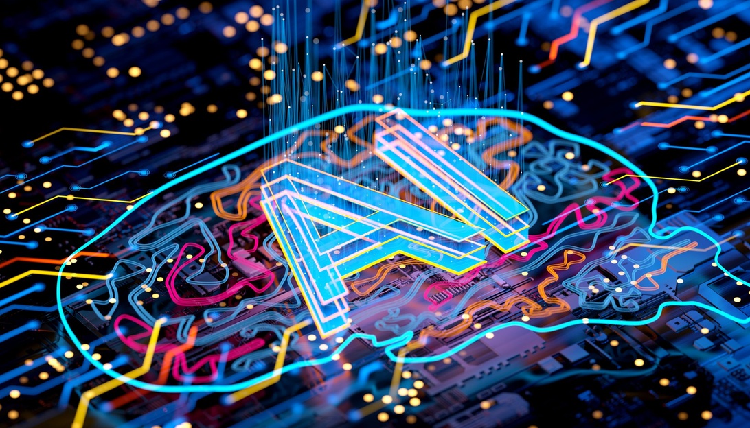 En livfull digital visualisering med en lysande 'A'-symbol omgiven av kretsliknande mönster i blått, rosa och gult på en mörk kretskortsbakgrund. Bilden representerar teknologiska eller AI-koncept på ett abstrakt sätt men har inga specifika logistikelement.