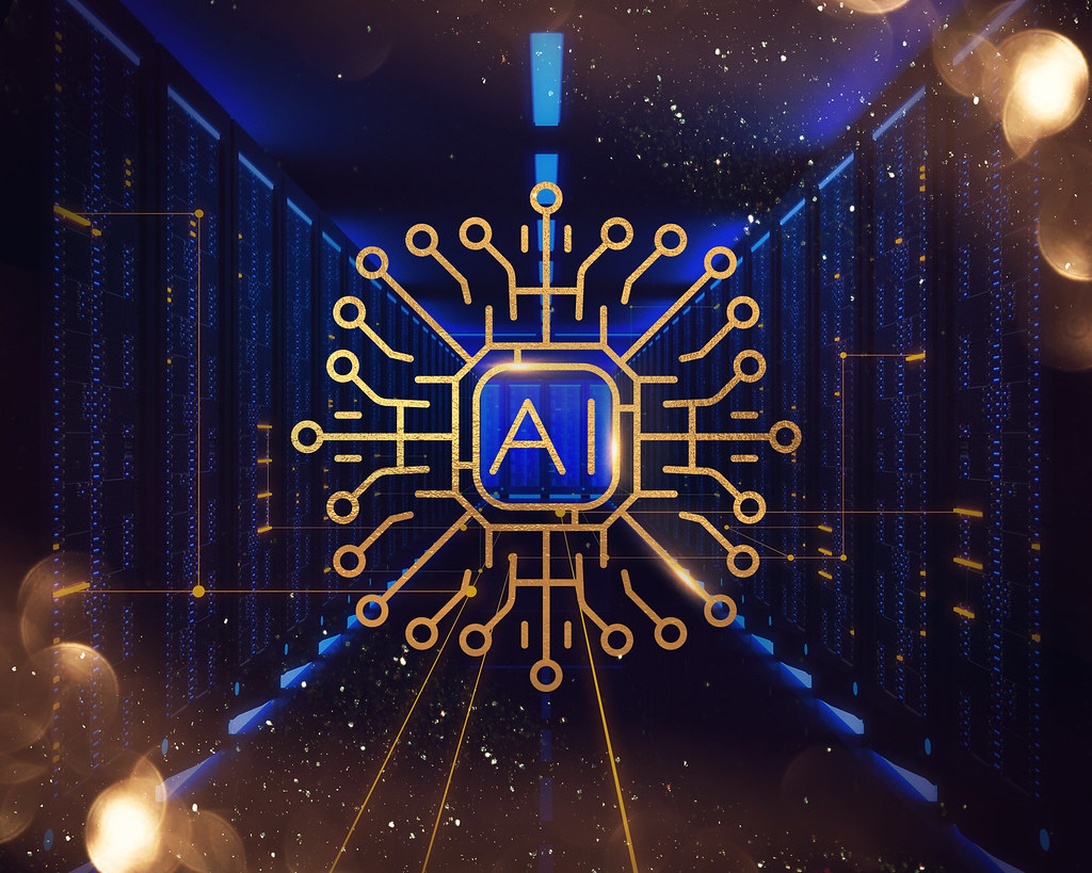 En digital illustration som visar en guld 'AI'-logotyp i ett kretsdesignmönster, placerad i vad som verkar vara ett datacenter med serverrack synliga i blå belysning. Bilden representerar den beräkningsinfrastruktur som ligger bakom AI-system men illustrerar inte specifikt logistiktillämpningar.